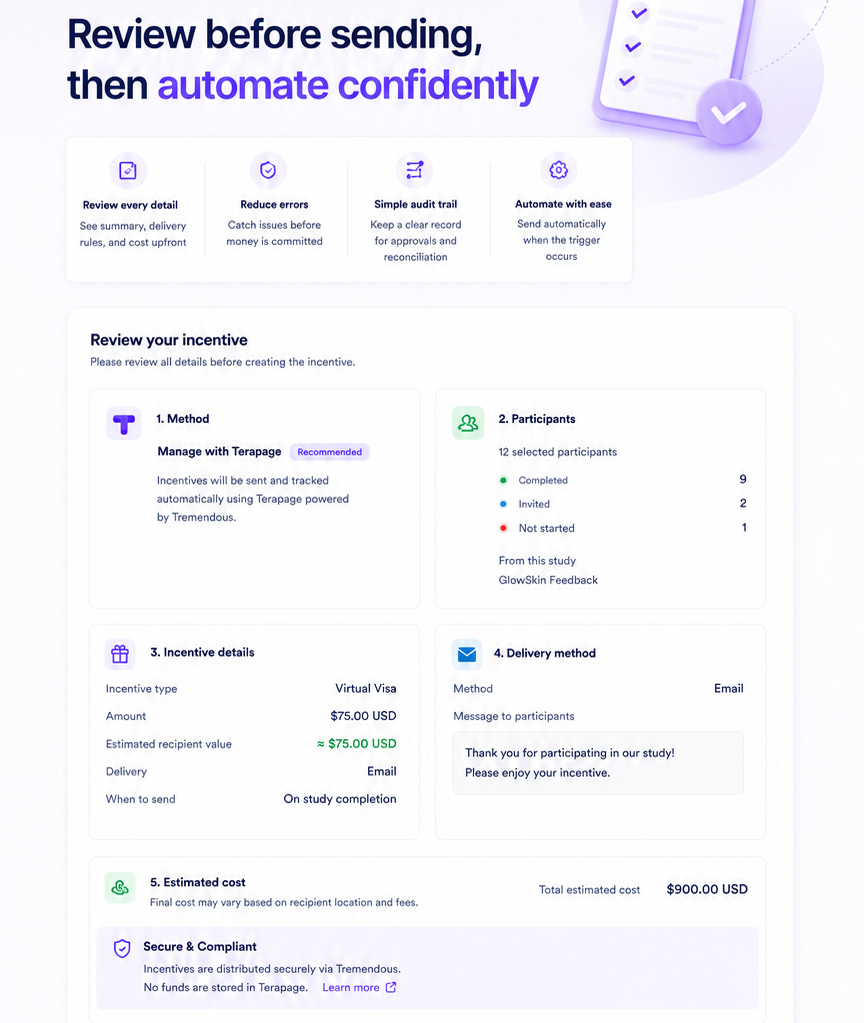 Terapage incentive review and confirmation screen
