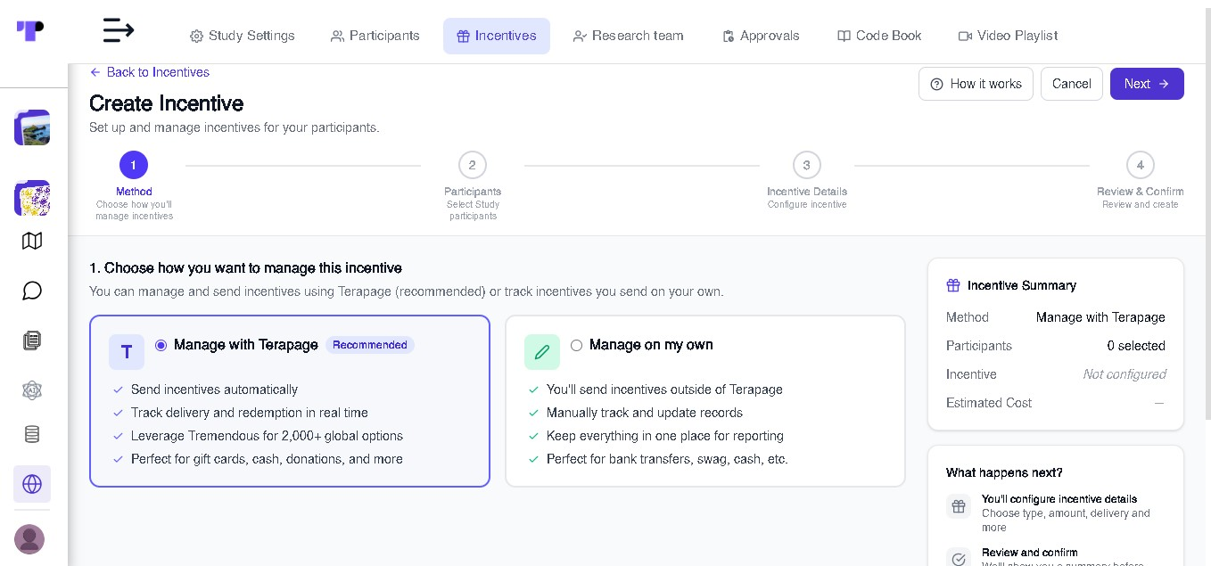 Terapage participant incentive status screen