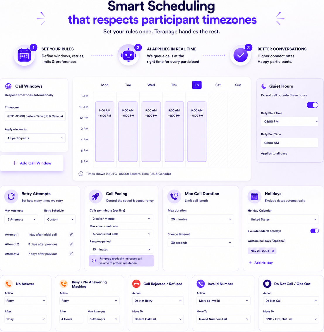 Terapage AI CATI scheduling and call windows product screen
