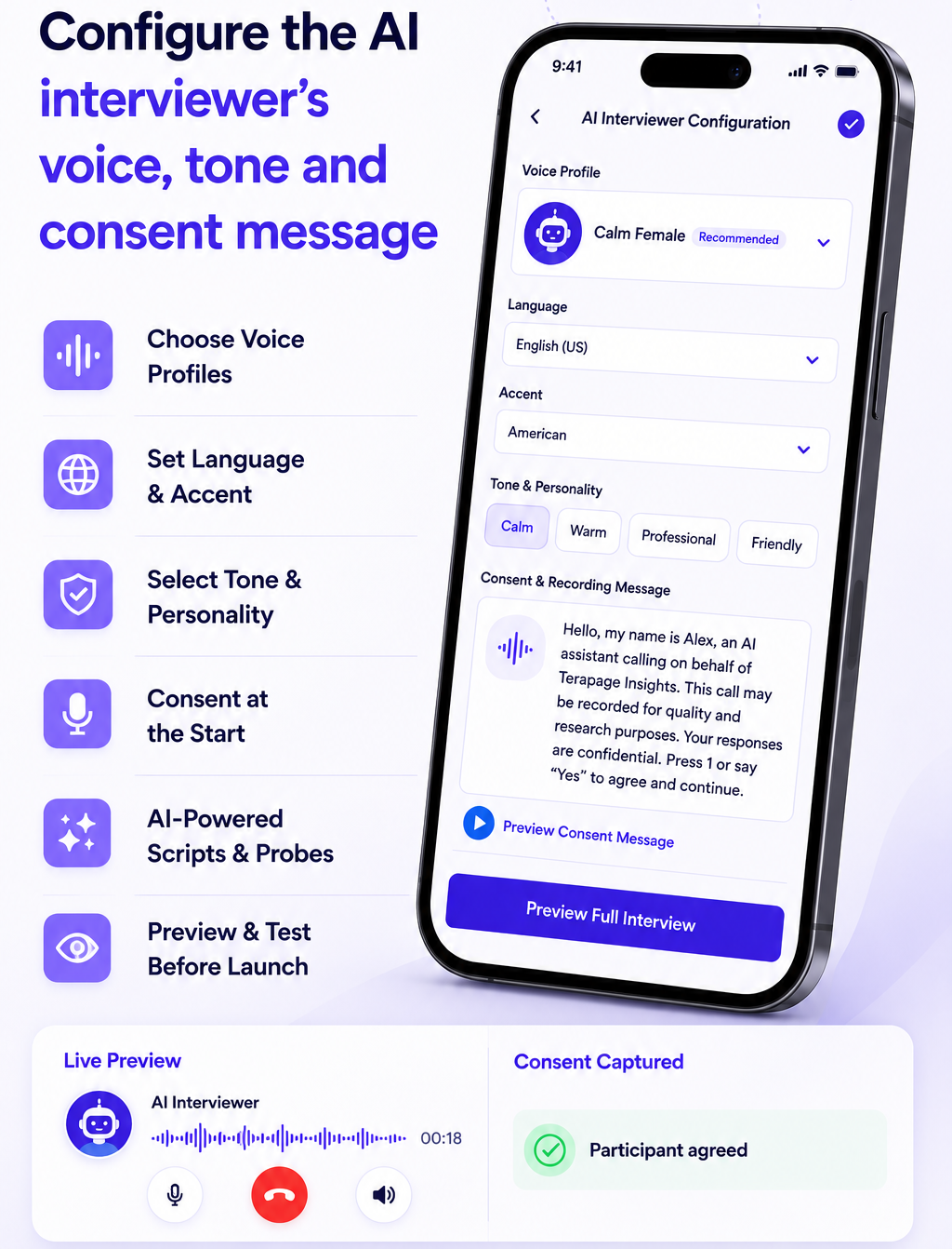 Terapage AI interviewer setup voice tone consent and script configuration screen