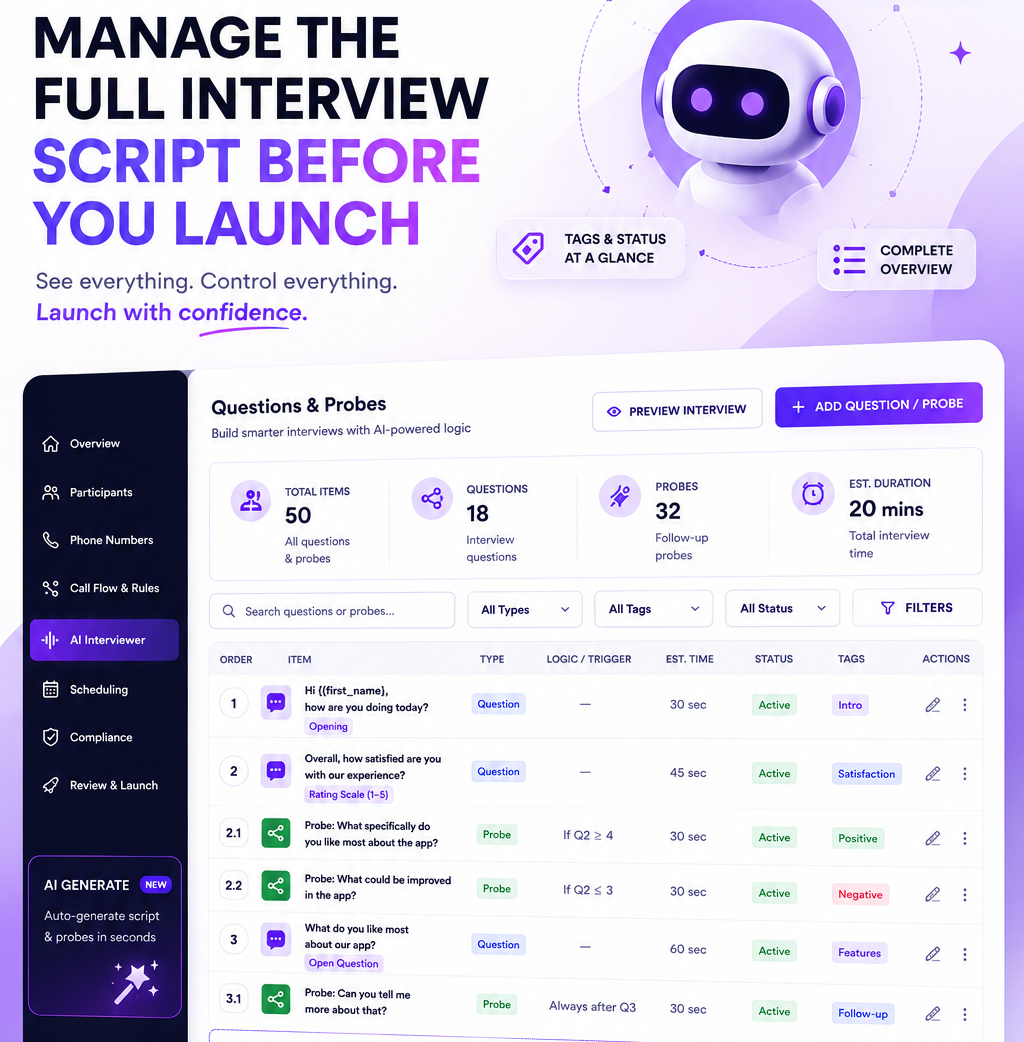 Terapage AI CATI questions and probes management table