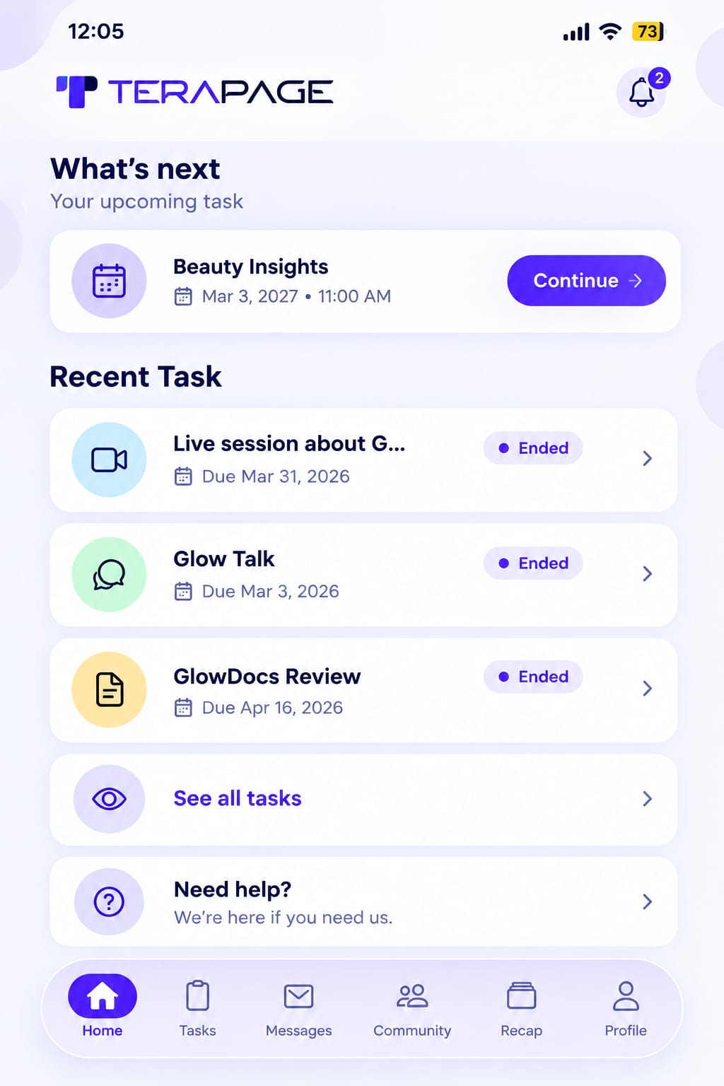 Terapage mobile app Home screen showing upcoming and recent tasks