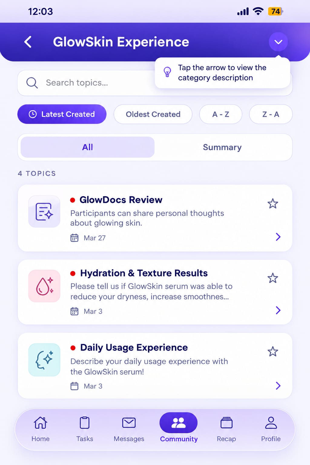 Terapage mobile app Community screen showing discussion topics
