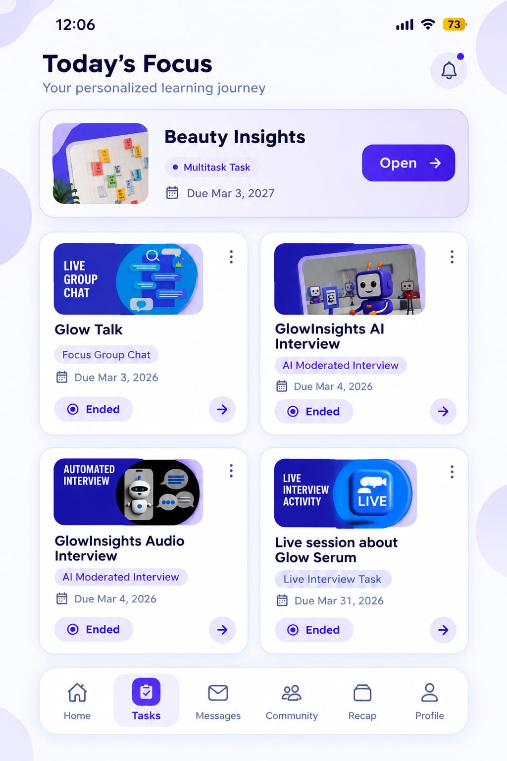 Terapage mobile app task overview showing live and AI interview activities
