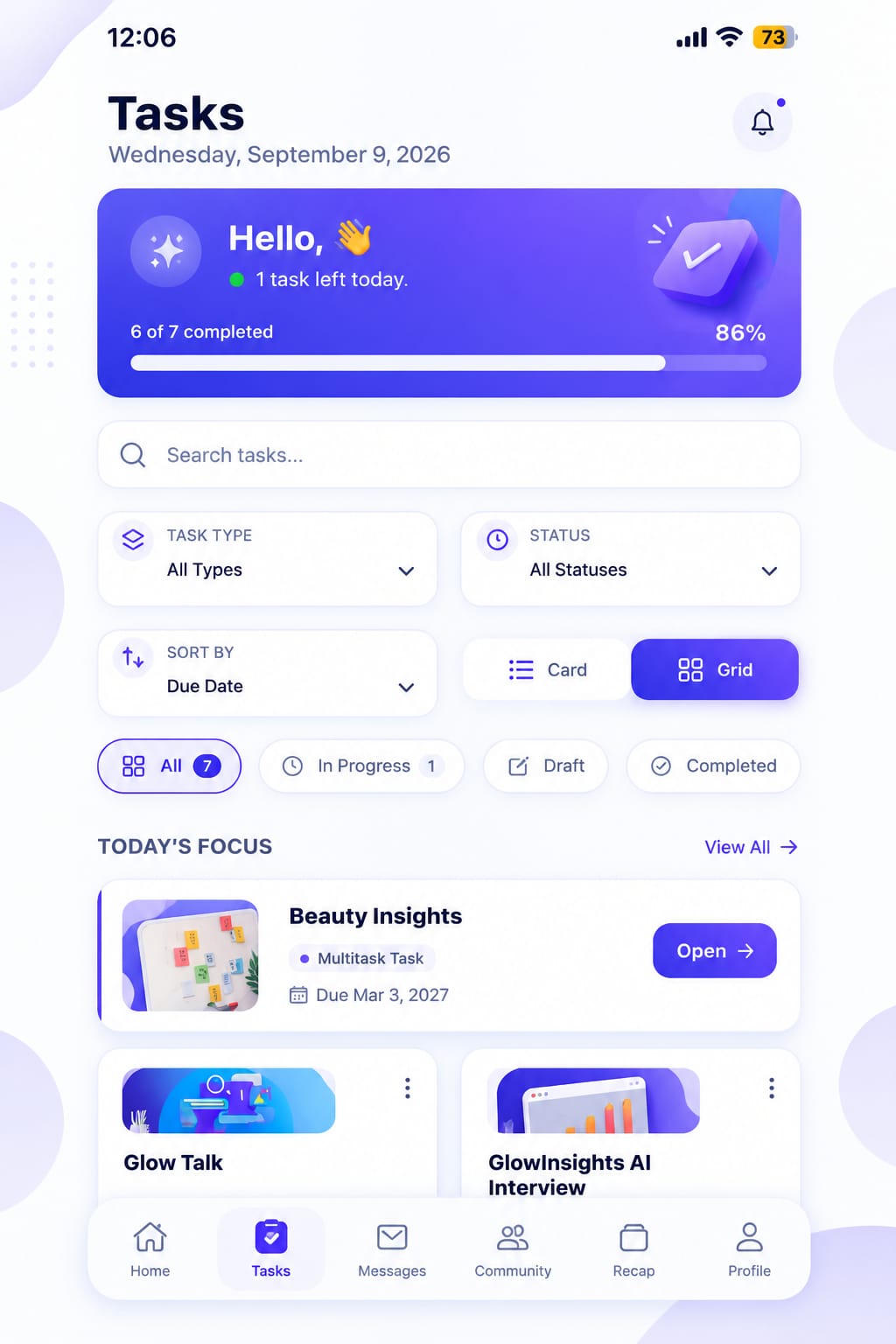 Terapage mobile app Tasks screen with progress tracking