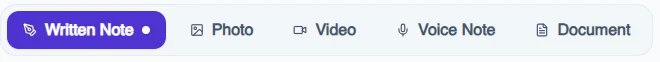 Entry formats: written note, photo, video, voice note and document