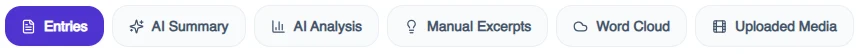 Entries, AI Summary, AI Analysis, Manual Excerpts, Word Cloud and Uploaded Media tabs