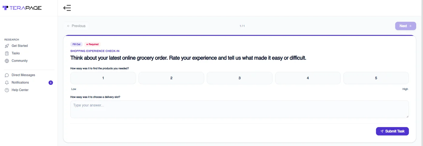 Guided journal task in Terapage with a rating scale, a written answer and a Submit Task button