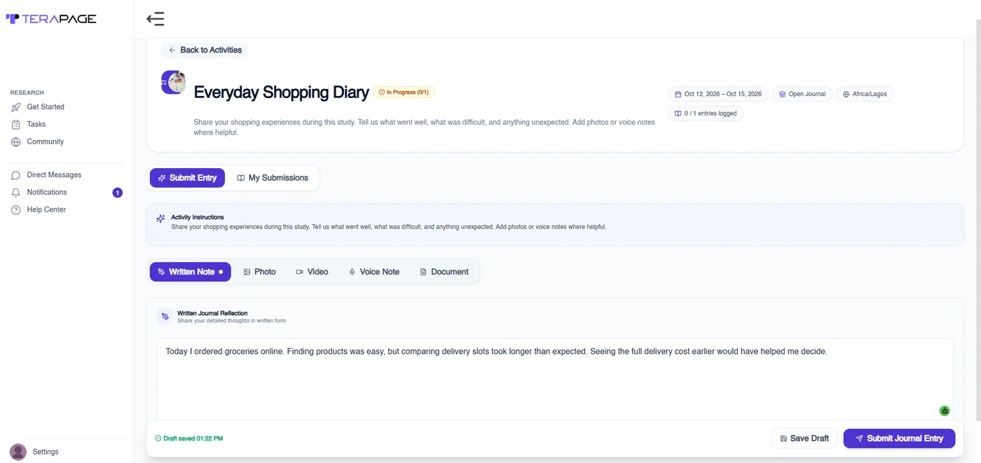 Open journal entry screen in Terapage with written note, photo, video, voice note and document options