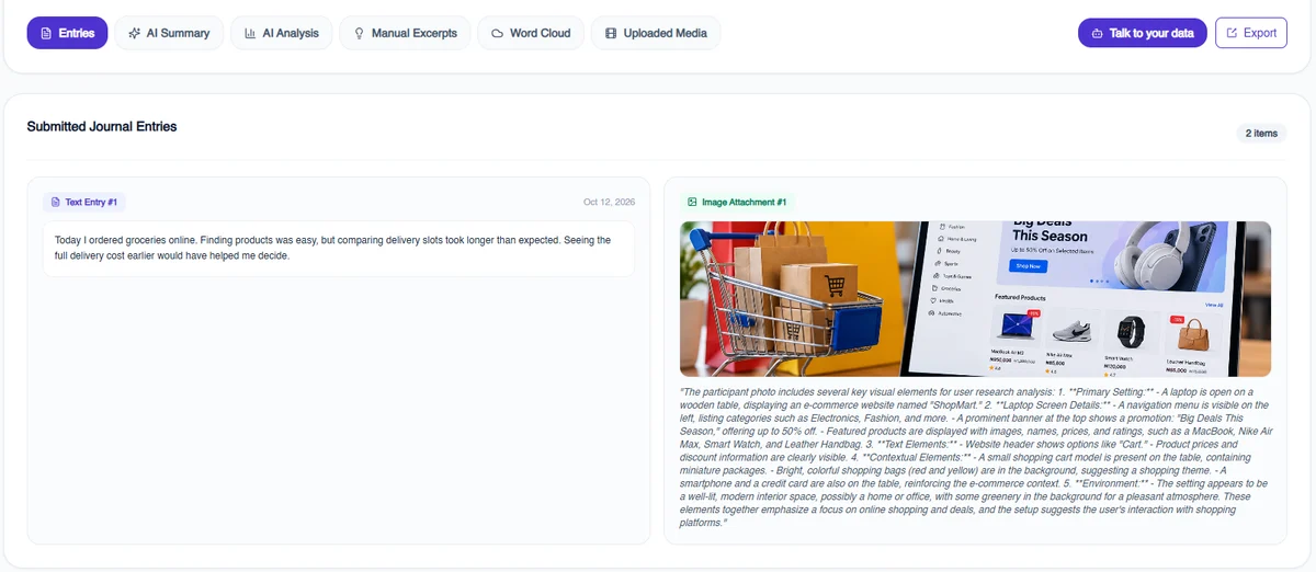 Submitted journal entries in Terapage with AI summary, AI analysis, excerpts, word cloud and uploaded media tabs
