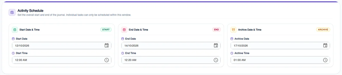 Journal activity schedule in Terapage with start, end and archive dates