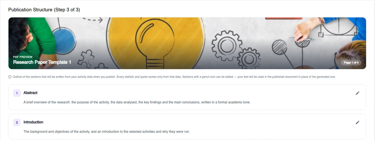 Preview and Publish step in Terapage with editable publication sections