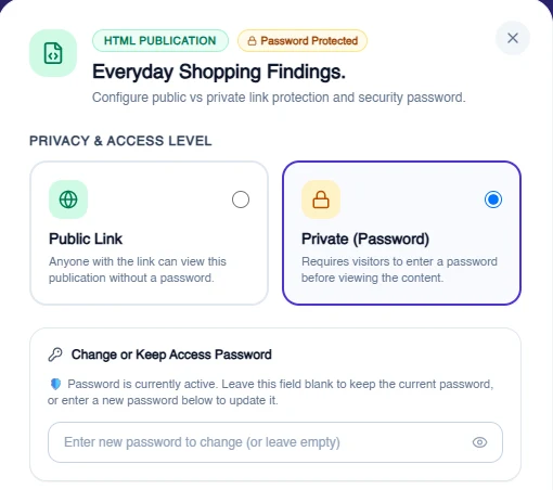 Access settings for an HTML publication in Terapage with Private (Password) selected and a password field