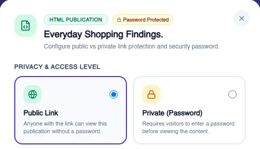 Access settings for an HTML publication in Terapage with Public Link selected