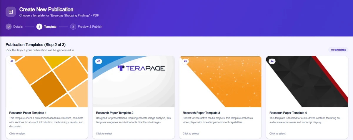Publication template gallery in Terapage